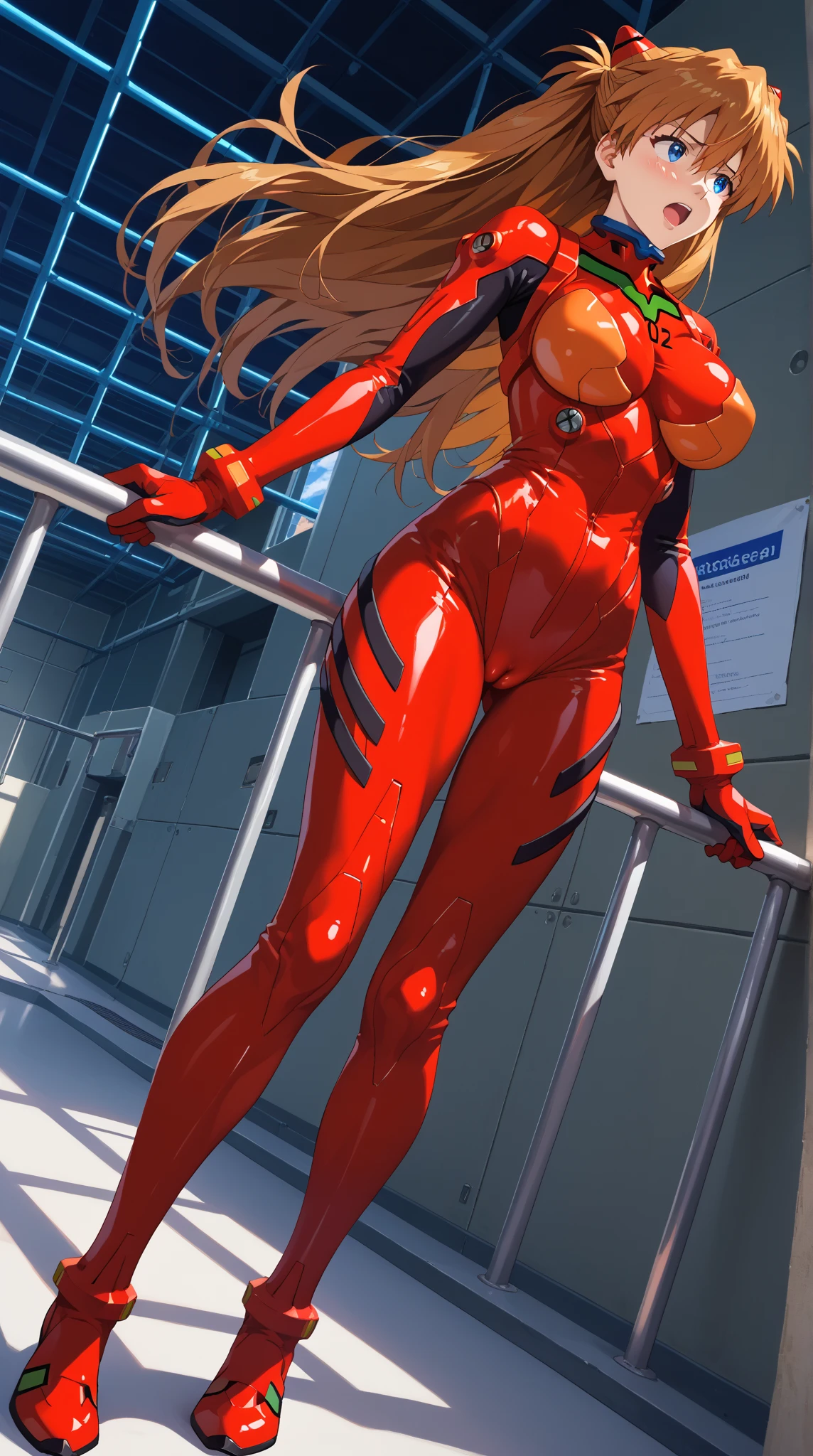 (((​masterpiece))), ((high resolution)), detail, red-haired girl, greeneyes, breasts big, (((thick-thighs))), , bottom to top, irritated face, full body, all-body, distant, asuka plugsuit cosplay