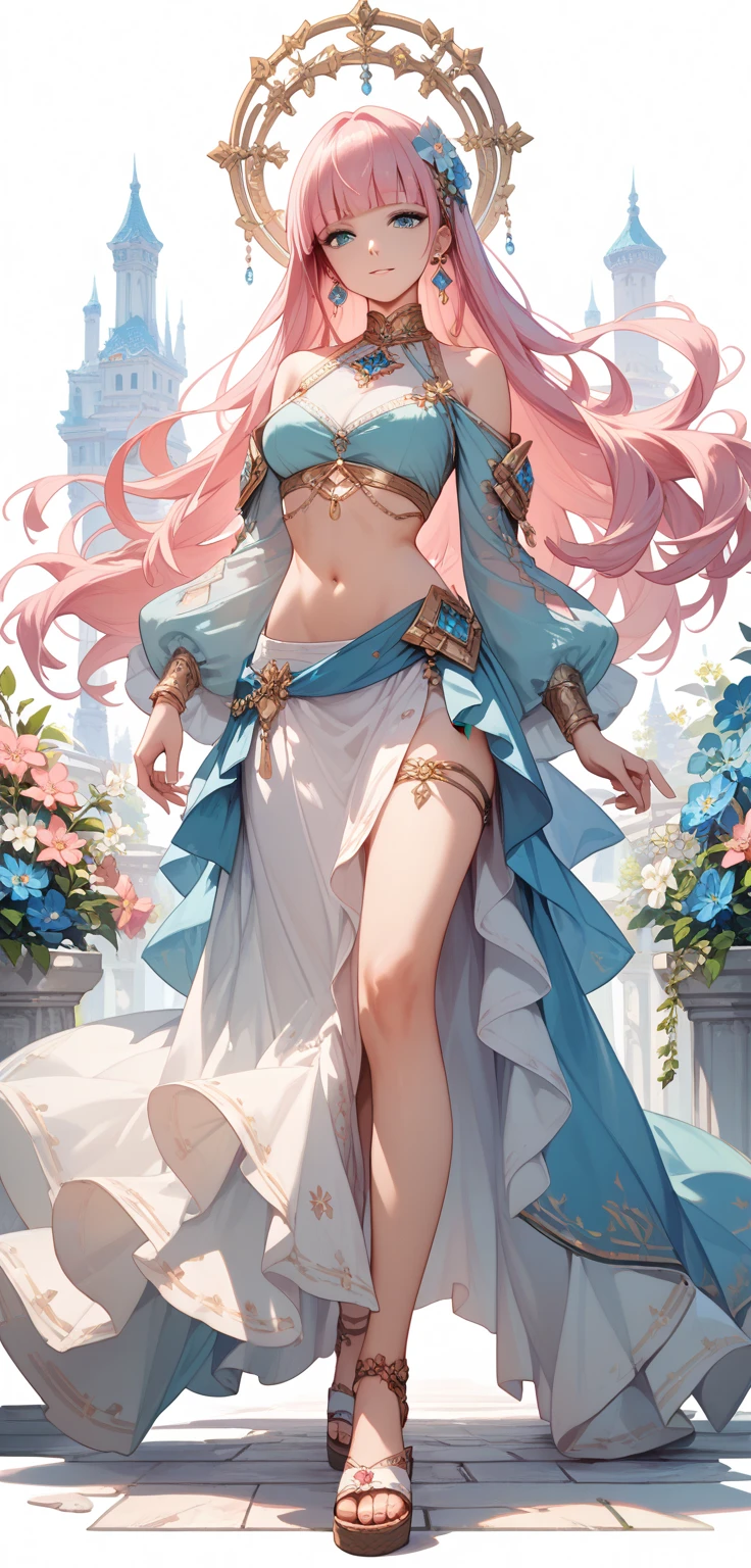 最好质量、Photorealistic、An ultra-fine illustrations、beautiful attractive anime girl、Megurine Luca、Pink hair、Tied hair、only girl、a photo of girl、Full body shot、Beautiful Blue Eyes、With Arabic background、Arabic dancers、Belly dance、Transparent belly dance dress with showing through、