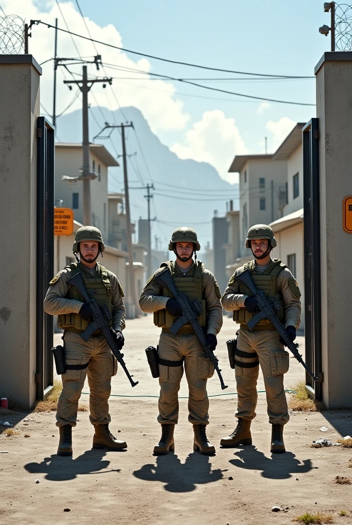 Brazilian Navy Personnel in a War Scenario in the Fight Against Chemical Agents, utilizando estilo realista com bandeira nacional asteada no fundo do combatente, portando fuzil fal762