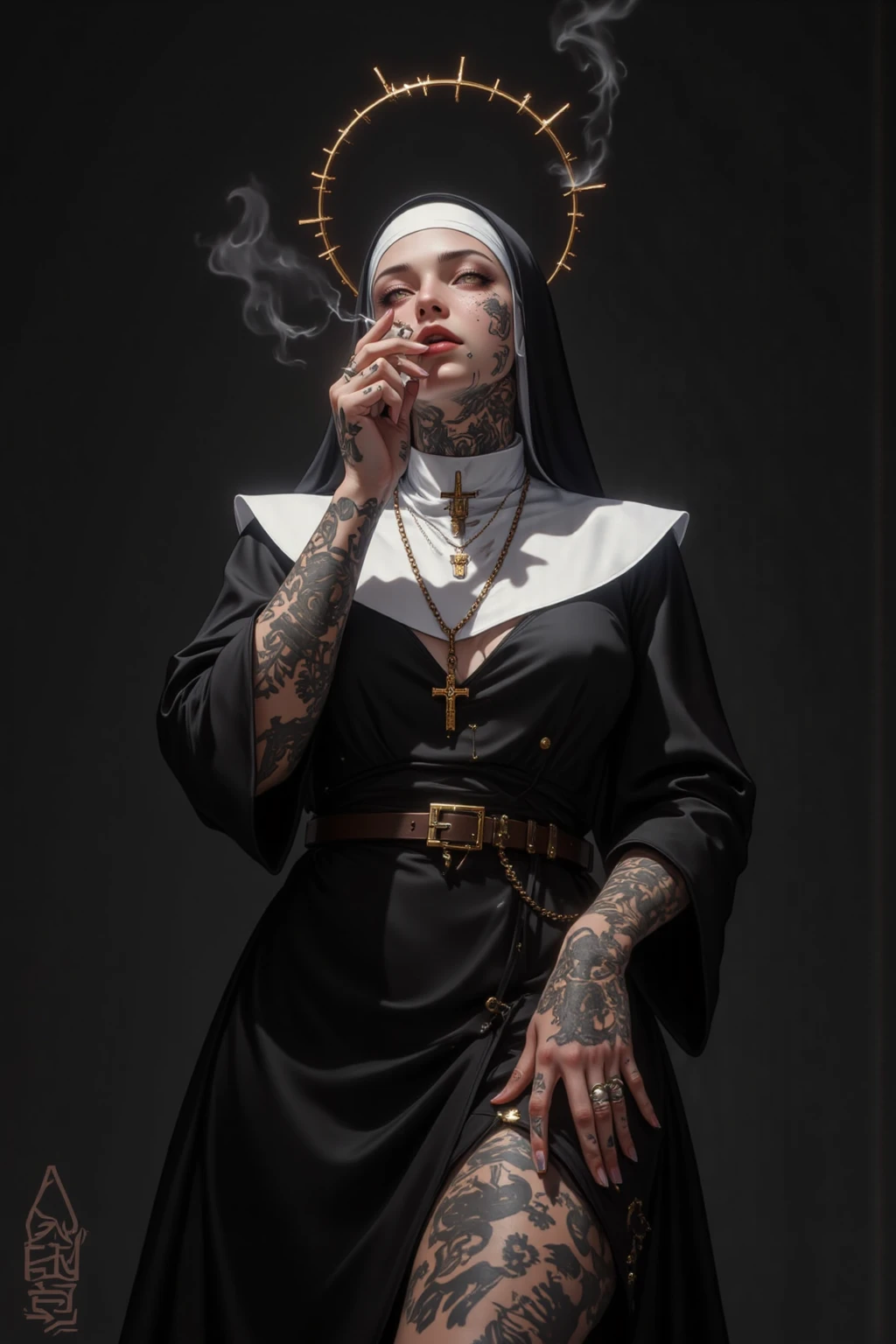 (masterpiece,best quality,ultra_detailed,highres,absurdres),1boy, male focus, tattoo, solo, white hair,chain, shirt, black necktie, necktie, simple background, yellow eyes, upper body, vest, short hair, looking at viewer, parted lips, collared shirt, round eyewear, long sleeves, neck tattoo, hand on own shoulder, arm tattoo, people standing, wearing a koboi hat, the jewelpunk aesthetic, well - detailed outfit, gta character, nun outfit, as a character from gtav, mechanic punk outfit, dressed like a cleric, female occultist, gangster, modern occultist, angela merkel in gta v, female spy, gta v street style, detective clothes, npc with a saint's halo, mobster, mafia background hyper detailed, an anthropomorphic gangster rat, gta v character, an evil nun