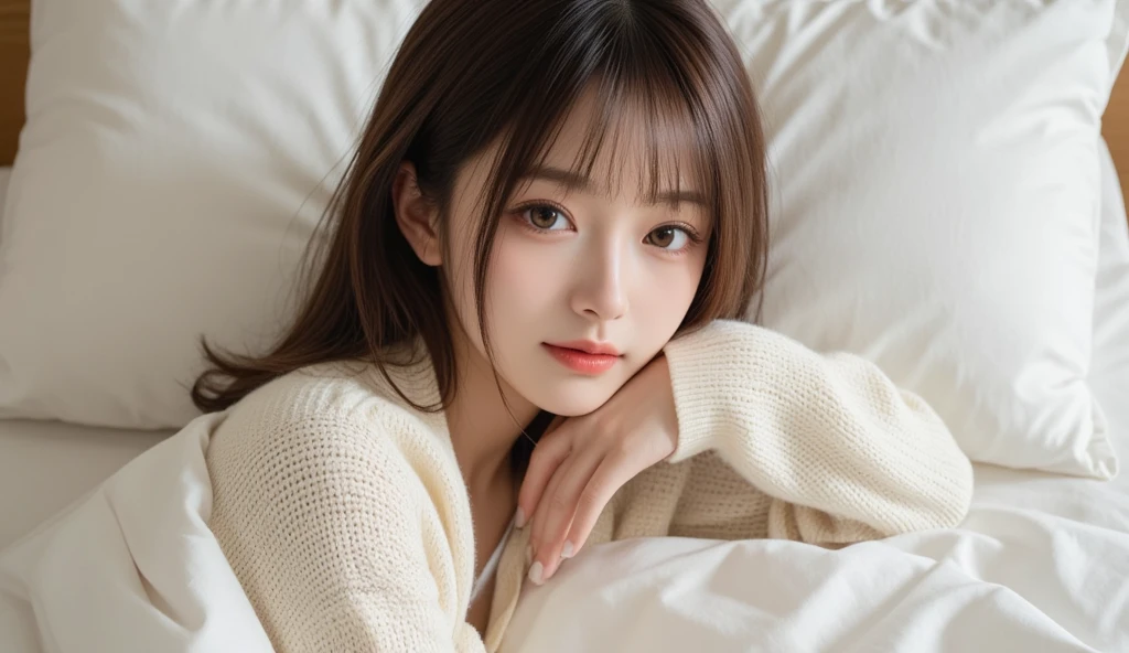 table top, highest quality, shape, Super detailed, finely, High resolution, 8k wallpaper, 完璧なダイナミックな構shape, on the bed,one girl, beautiful and detailed eyes, pajamas, ランダムなcute髪,natural color lip, lie in bed, Co-sleeping,bold sexy pose,smile、20 year old girl、cute、sexy shot looking at camera,Always blur the background,perfect and beautiful face,beautiful and detailed face、slim face and style,perfect hands, Big eyes、Do gal makeup