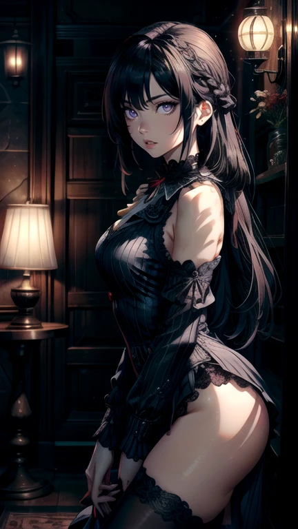 (depcit young girl), (((elegant black lace leotard))), (((transparent))), dark hair, long hair, straight hair, red rose in hair, blue eyes, thin , small breasts, nice hips, open shoulders, kneeling, pussy, shooting photo