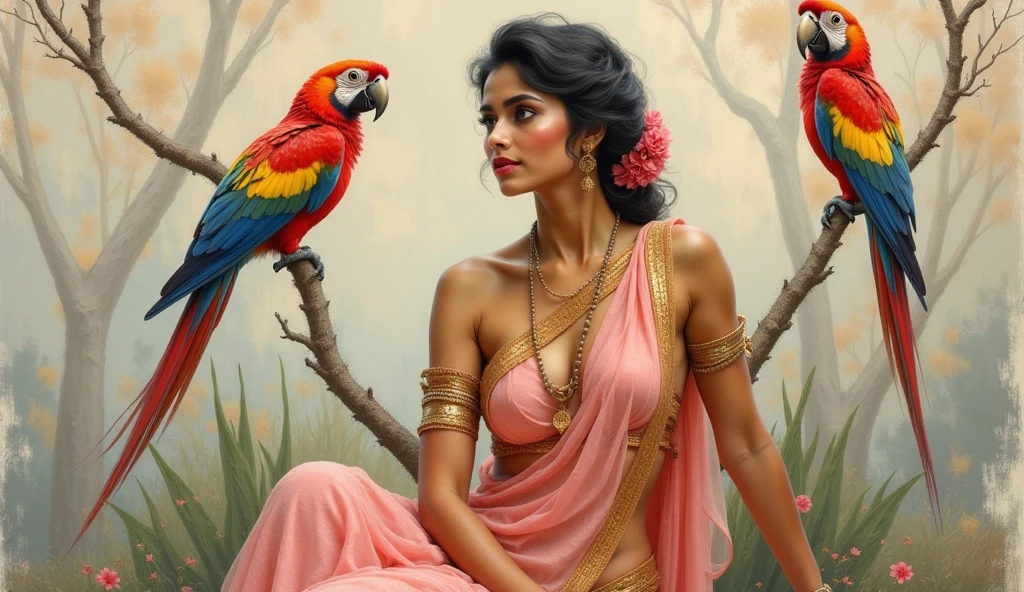 painting of a woman in a belly dance with a parrot on her shoulder, inspired by Raja Ravi Varma, arabian princess, arabian beauty, orientalism painting, arabian art, inspired by Osman Hamdi Bey, persian princess, inspired by Altoon Sultan, arab princess, indian goddess of wealth, traditional beauty, she is dressed as a belly dancer, exotic costumes