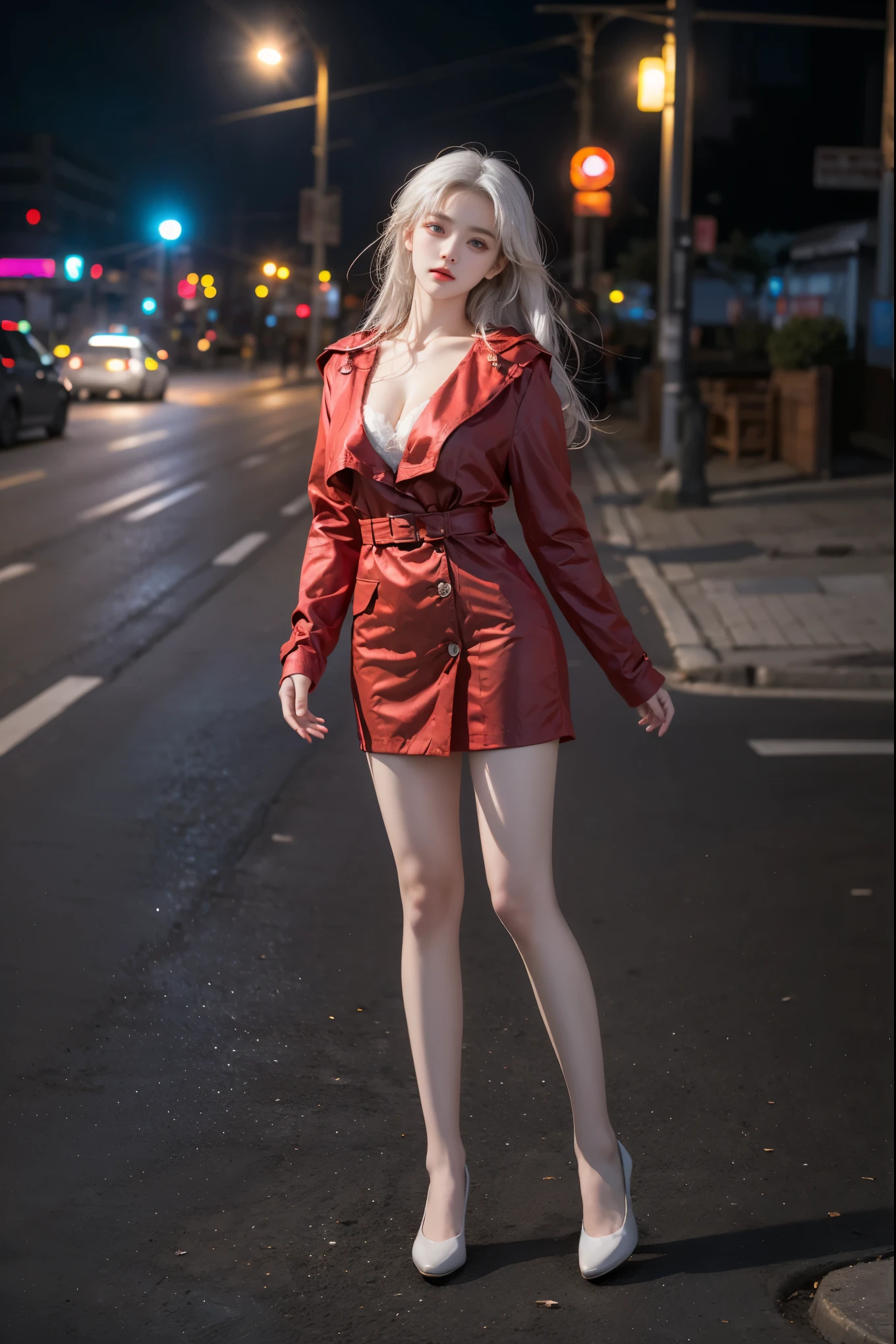klara,1girl,white hair,long hair,red eyes,red coat,white shirt,long sleeves, dress,thigh strap, ,,(full body:1.4), (masterpiece, best quality, ultra-detailed:1.2), realistic beautiful woman, sexy long-legged model, (Full bust, visible cleavage, very short hemline), elegant stance, (random street scene), (random shooting angle), romantic style, night, neon lights, soft lighting, bokeh, (detailed face, expressive eyes:1.1), (perfect anatomy, flawless skin:1.1), (high resolution, 8k), dynamic pose, natural skin texture, realistic shadows, detailed background
