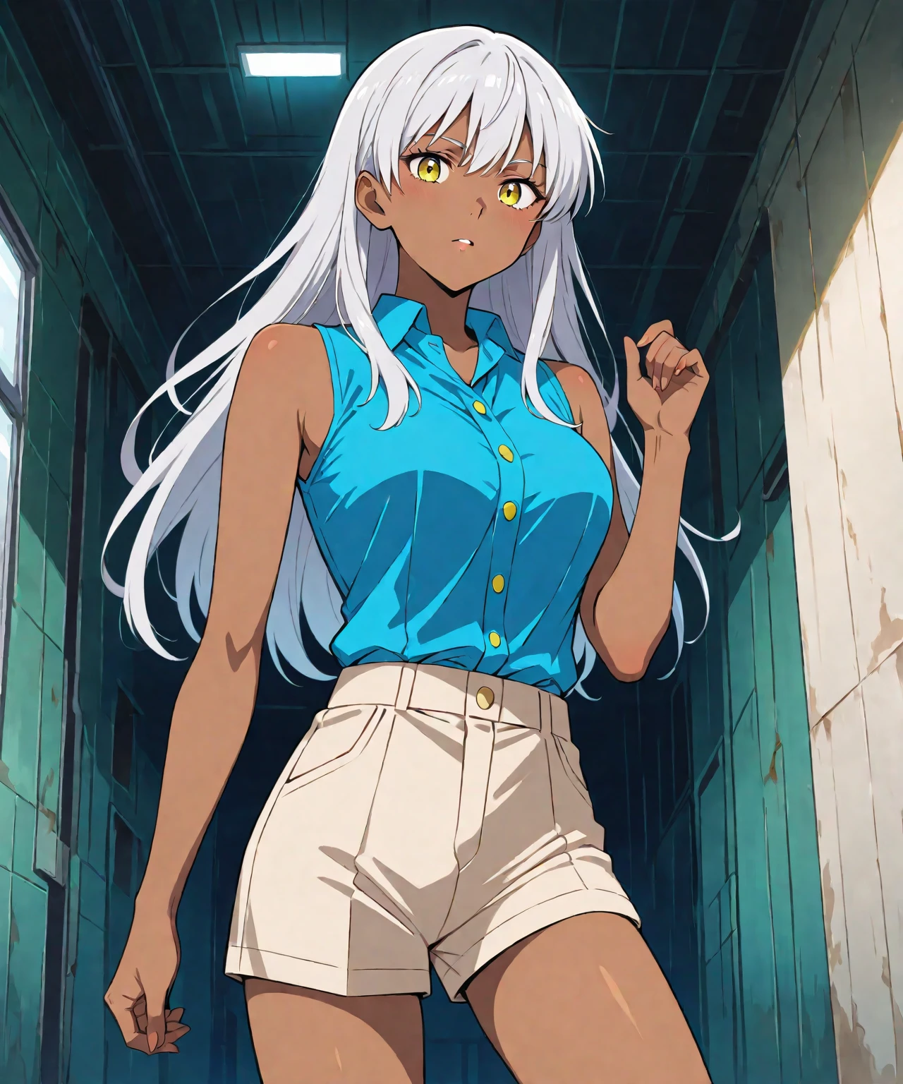 Brown skin beautiful sexy anime girl with long silver hair & yellow eyes, clenching her fists, fight idle pose, wearing blue sleeveless button up collared shirt & beige khaki pants, inside of a dark cave in a dark night sky, 1girl