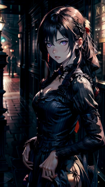 (Masterpiece), High Quality, 1 girl, Gothic, Dark Makeup, Noticable Eyes, Thick Eye Liner, Rodent Skull Necklace, Abdominal Free Bustier, Leather Skirt, Heavy Boots, Apocalyptic Wasteland, Village Street, Knife (Strapped to Boot:1.5), (Detailed Makeup:1.5), (Gothic Fashion:1.5), Dark Hair, Pale Complexion, (Angular Facial Features), Behind Her, (Moody Atmosphere), Blue Hour, (Focus on Girl:1.5), Heavy Shadows, higher contrast, (Dramatic