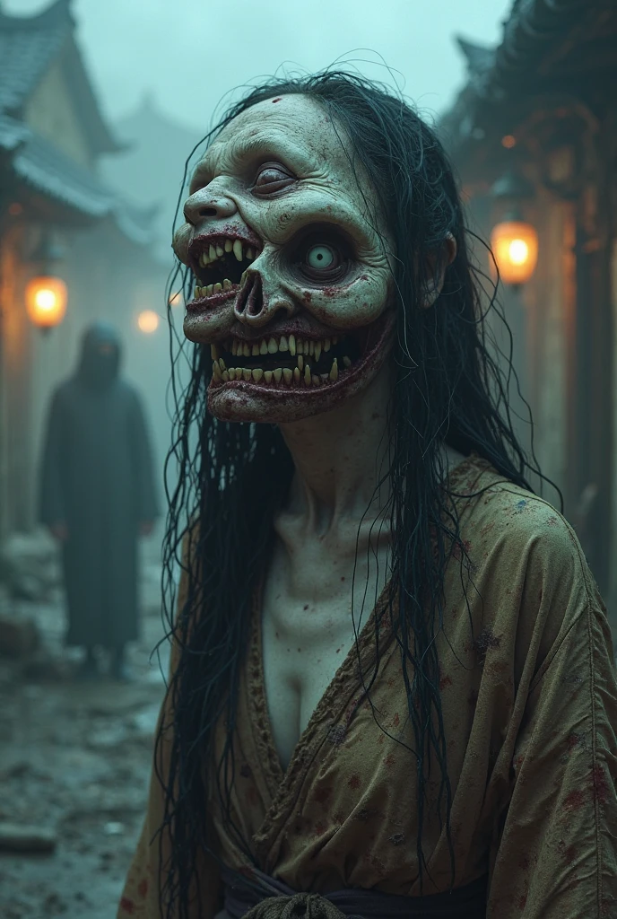 Love Shrine Maiden、Horror art style、Zombie Shrine Maiden、Japanese Shrine Maiden、Eyes are red and glaring、Japanese shrine background at night、Portrait from the shoulder up、A snake with red eyes on his shoulder、Facing forward