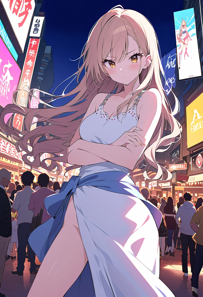 Highly detailed CG Unity 8K wallpaper, highest quality, Super detailed, masterpiece, realistic, photo realistic, Highly detailed cute girl, 20-year-old, angry face、A look of contempt、(((スカートをlift it yourself))), (lift it yourself), panties , panties focus, blush, parted lips, looking at the viewer , half body shot , (crowd), (crowded parking lot) , hair above one eye