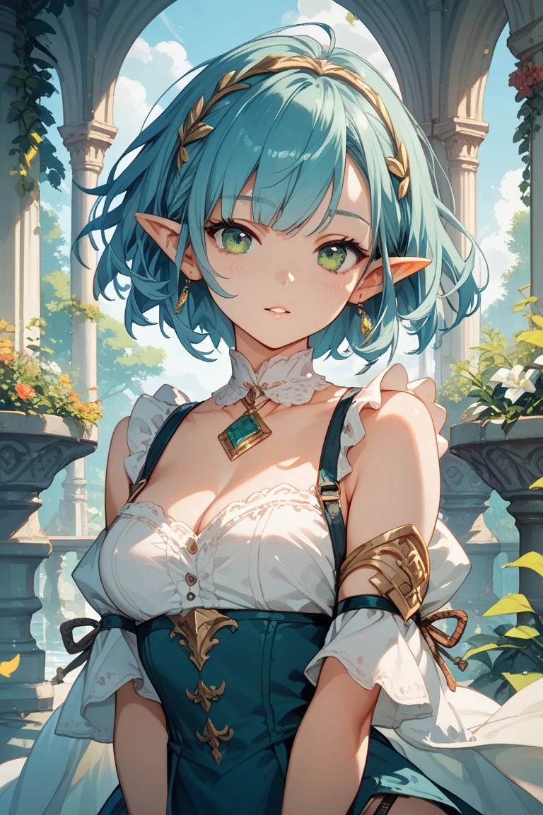 having sex, upper body close-up, breasts on display, bra, druid female elf, multiple stitched layer cloth armor, white silk cloak, intricate floral pattern, long dark blonde hair, waterfall braid hairstyle, detailed face and eyes, young woman, forest lake with ruins background, volumetric light, god rays, long elf ears, green and white silk outfit, wooden accessories