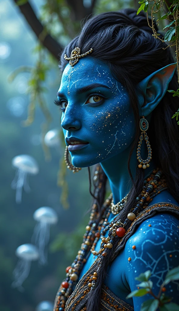 alien woman with completely blue skin and hair , 3 eyes, small nose, thick lips and indigenous appearance with a landscape background with planets 