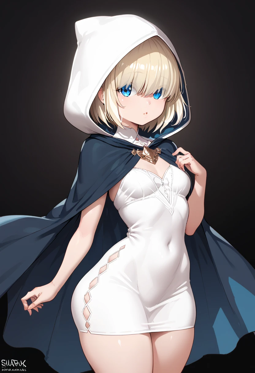 slender, mature female,rating:safe, 1girl, blue_eyes, hat, blonde_hair, breasts, solo, cleavage, dress, cape, looking_at_viewer, parted_bangs, staff, short_hair, white_headwear, white_dress, large_breasts, long_sleeves, bangs, indoors, standing, medium_breasts, holding_staff, closed_mouth, cowboy_shot, lips, capelet, eyebrows_visible_through_hair, holding,