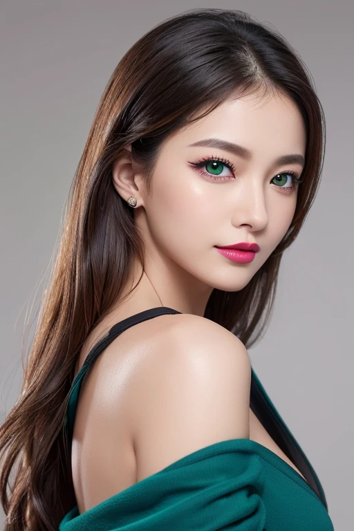 woman, beautiful, 30 years old, perfect face and features, NO WRINKLES, NO MARKS of expressions on her FACE, seductive, very sexy look, defined body, in chic dress, green eyes, red lipstick, LONG BLACK HAIR, 4k, realistic, busty