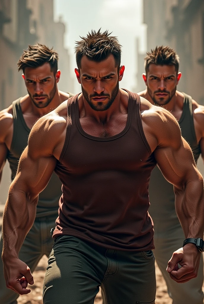 Photo with 3 men, who have a super strong physique, posing like an athlete for a photo