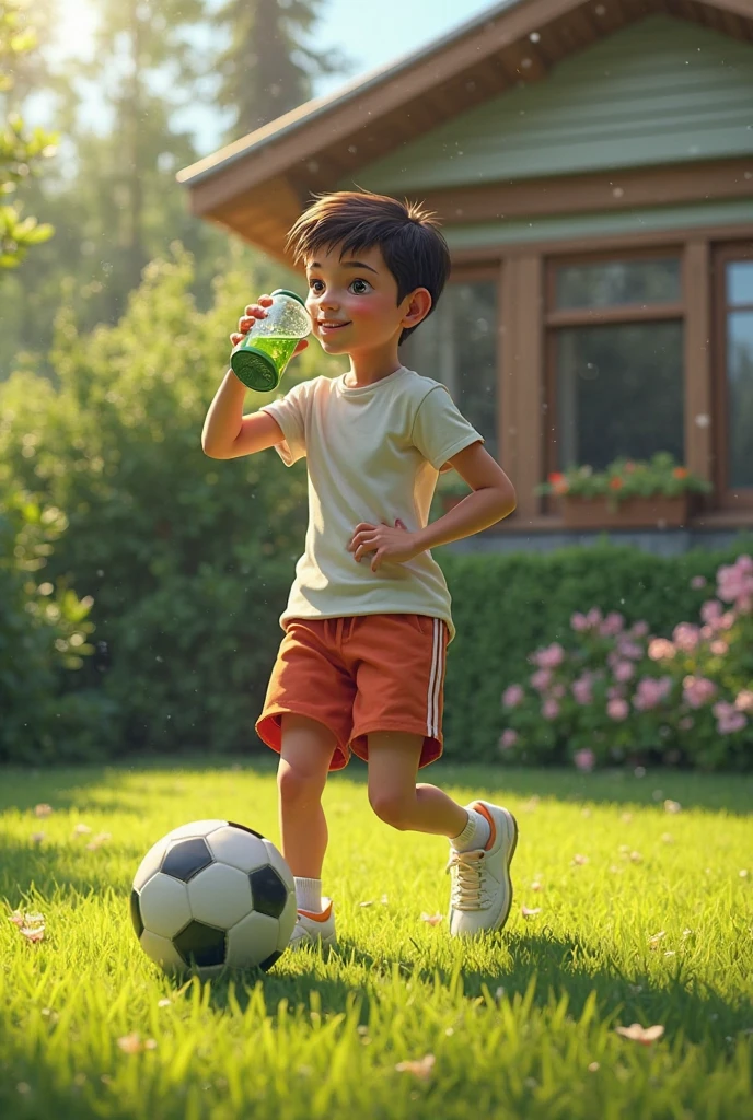 Best quality, offical wallpaper, 1boy, Drink soda in a lemon garden, Realistic, Photorealistic, (EOS R8,50 millimeters,F1.2,8K,RAW photo:1.2), Bokeh,shorter pants,sockes,athletic sneakers