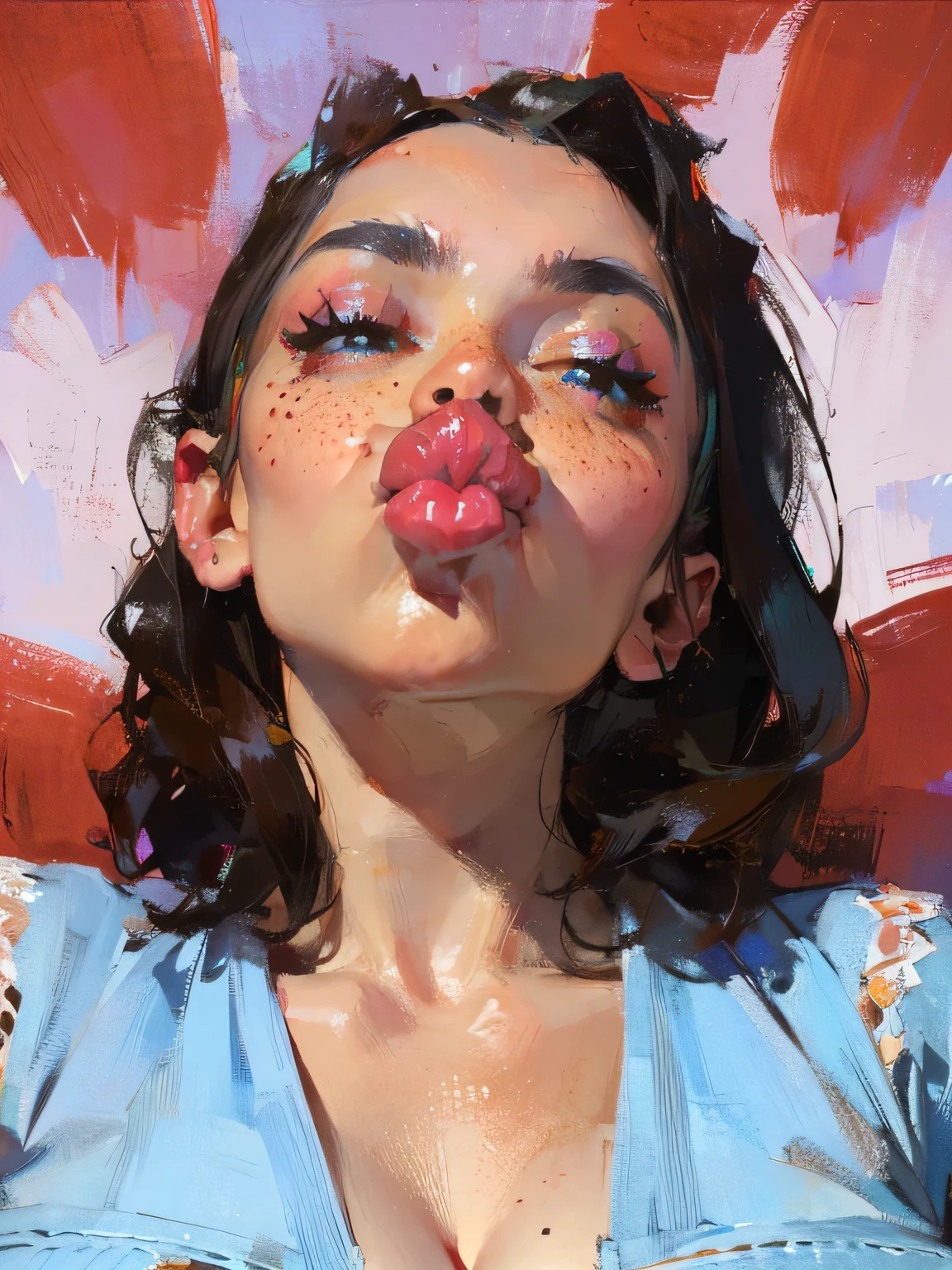 1girl, ((close up to lips)), ONLY LIPS IN THE FRAME, ((biggest lips)), (puckered lips),freckles, full shiny lips, big lips, ((big tits)), thick lips, parted lips,