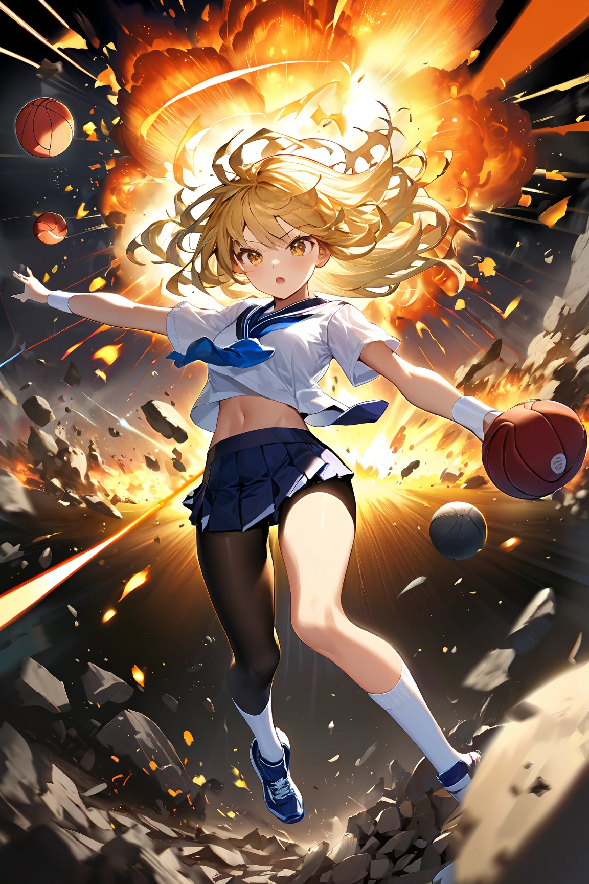 巨作, Best Quality, high-definition, as.R1, eyes blue, smile,explosions, white shirt, a black skirt, Stand with finger tingling, Pleated skirt, tights, small boobs, blonde, cowboy shot,