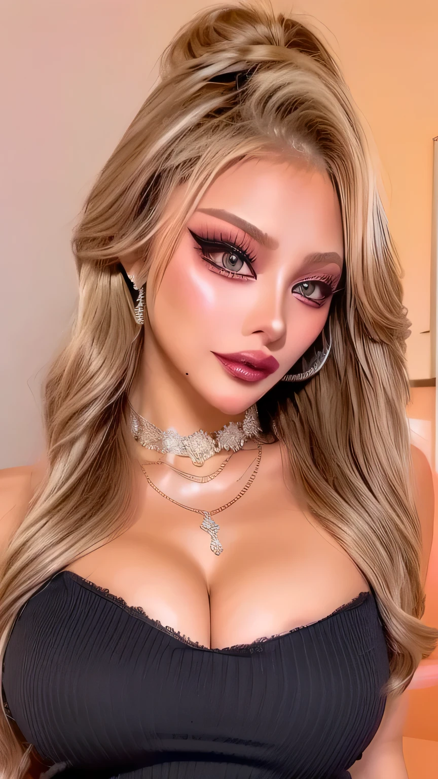 ( cowboy shooting、 top quality、8k、 Award-Winning Works 、 Ultra High Resolution)、 beautiful woman、( black sweater , sexy cleavage :1.1)、Gal Who Stares Upwards、Focus on the perfect big G-cup bust、( blonde alone :1.1)、 Gorgeous nice buddy with torn sleeves 、 soft, Thin, Beautiful Lips 、Perfect Gal Makeup、 Shine Glitter Lip Gloss、Metallic Lip、METALLIC LIQUID LIP COLOR,metallic lips, big lips,x ornament , ornament , duck face, Duck mouth、Focus on thick lips, metallic pink brown lips、Bright Shiny Lipstick 、( heavy makeup for women :1.2)、( Dark Brown Around Your Eyes Is Beige :1.1)、 beautiful bright eyeshadow 、 Dark Makeup Around Eyes 、(Big Breasts:1.2)、 long wavy mocha brown hair with blonde alone 、(Romantic affection:1.1)、 best smile when he sees me 、( Many people accentuate their body line ..:1.1)、( strongly blurry、 A lot of people stand out for their clear images 。:1.1)、( The image is clear 、 jacket :1.1)、 accurate anatomy、 ultra hd hair on bed、( ultra high resolution perfect beautiful teeth:1.1)、ultra high definition beautiful face 、 ultra hd hair on bed、 crystal clear bang 、Ultra HD Shining Eyes、Shining ultra high resolution beautiful skin、 Ultra High Resolutionの艶やかな唇、 Harry Winston Necklace