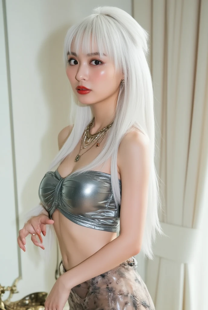 ((Highest quality, Tabletop, Ultra-high resolution、The most complex and detailed depiction))、(Face close-up:1.5),(One beautiful woman:1.8)、(Very bright silver wavy hair:1.8), (Accurate anatomy:1.1)、Colored contact lenses、Perfect Makeup、Natural Lip、Highly saturated eyeshadow、sexy black bra、Short skirt、Blurred Background, Look at me and smile、Luxurious Room、(Ultra-high resolution gloss, Fair skin:1.1)、Ultra-high resolutionの顔、Ultra-high resolutionの髪、Ultra-high resolution sparkling eyes、Ultra-high resolution glossy lips、(Brightly lit white skin:1.1)、Beautiful face drawn in every detail、Ultra-high resolution perfect beautiful teeth、whole body, Exposing shoulders:1.8,Front Angle:1.8,Slim figure:1.5,D-cup soft breasts:1.8,Glamorous Body:1.1,Small face:1.3,
