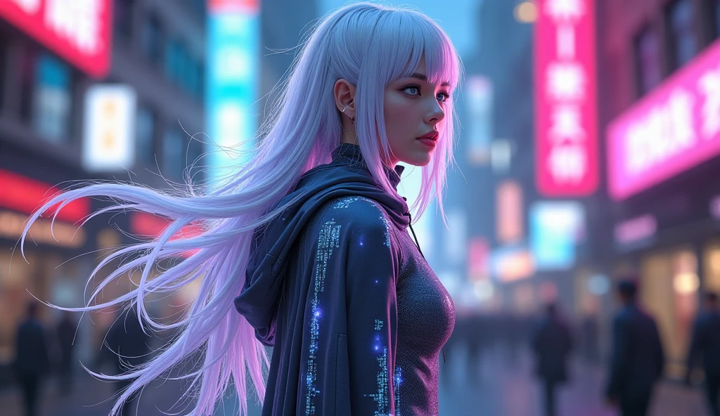 Generate an image depicting a girl seen from behind, standing by the window in her bedroom, gazing out at a cityscape. She is wearing a white short hoodie and white panties. The girl has short white hair. Thigh gap visible. The image has an ambiance that is subtly influenced by the futuristic style. Capture the essence of a futuristic city outside the window, with white and blue neon lights illuminating the urban landscape. Emphasize the contrast between the serenity of the girl in her pajamas and the vibrant, slightly dystopian atmosphere of the cyberpunk-inspired city. Let the image convey a sense of wonder, mystery, and a touch of futuristic aesthetics, high quality, from behind