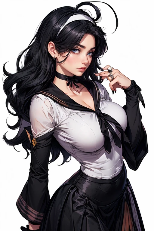 （（（1个Giant Breast Girl）），Bigchest，cleavage（（（（Girl wears white shirt，Black wrinkled skirt，Wear yours with black sheer pantyhose），It shows a delicate and slender figure and beautiful curves，Correct limbs，Stewardess