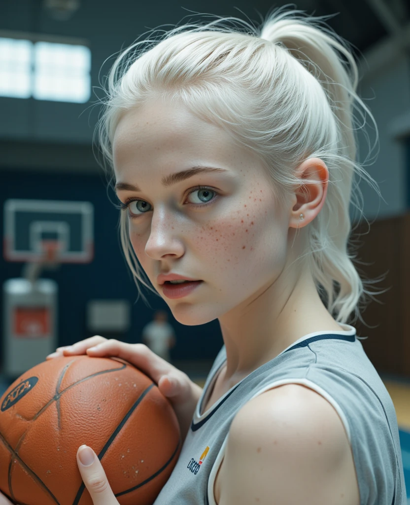 Basketball player, 16 year old girl with white hair, white skin and blue eyes, with an evil face smiling
