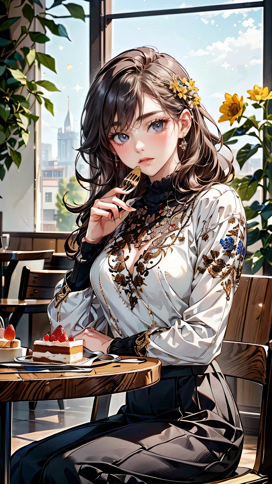 ((Top quality)), 8k masterpiece, best image quality, ((Odd-eyed high school girl)), (((Heterochromia iridum, red eyes, blue eyes))), ((Sparkling and precise eyes)), (My platinum and purple long hair), Stylish hair, ((Transparent and lustrous skin)), Extremely fine skin, ((Very small breasts)), Mole on chest, Slender body, ((Beautiful embroidered sweater)), Tight skirt, Feather hair accessory, (((Sitting at a table in a beautiful cafe restaurant, eating cake with a fork)), Eating cake,, Rape flower hair accessory, Smiling face, Anatomically correct depiction, Detailed depiction down to the fingertips! Ultra realistic, Top quality