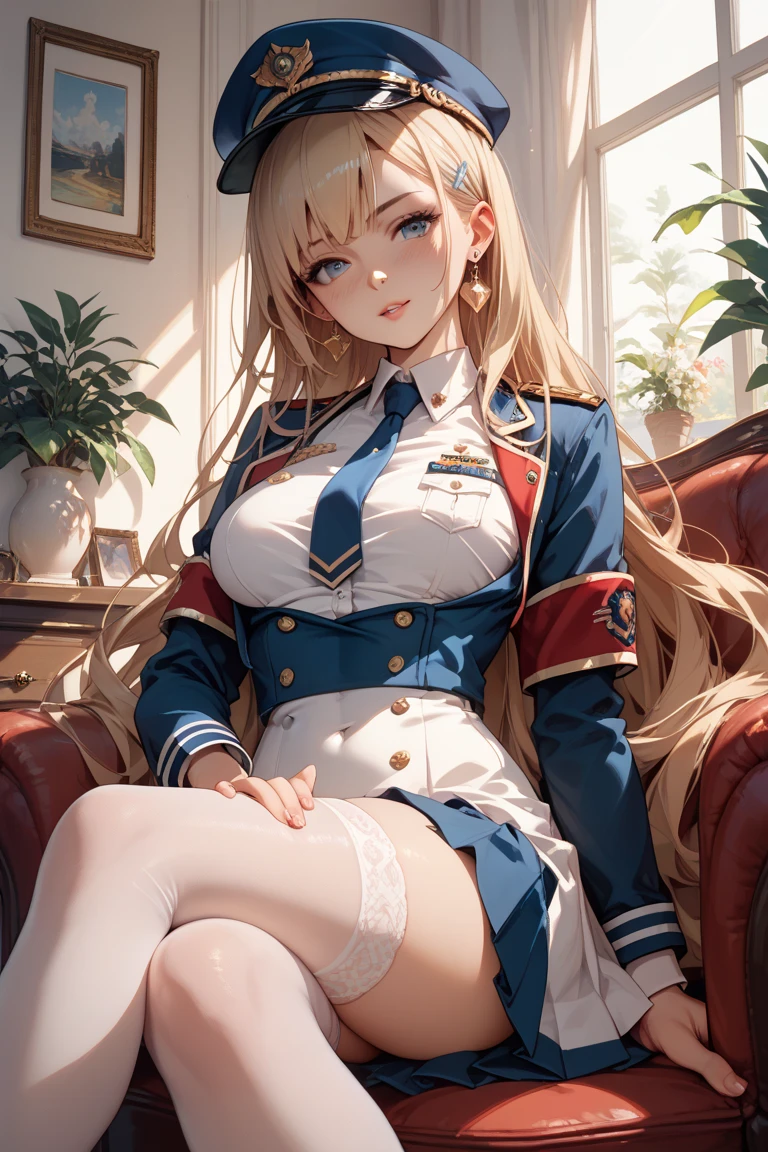 Busty stewardess resting in the shade of a forest tree