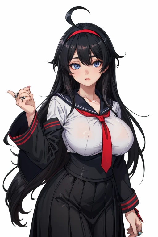 (masterpiece, best quality:1.2), (detailed skin, skin texture), best quality, (intricate detail:1.2), highres, cinematic, sharp focus, cinematic lighting, black outline,
perfect face, perfect eyes, from above, looking at viewer, sitting, wariza, smug, parted lips, 
1girl, long black hair, blunt bangs, large ahoge, yellow eyes, breasts, jewelry, sticker, simple background, gradient background, black serafuku,