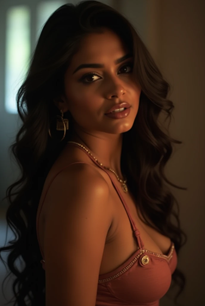 Retrato da mulher de Araffe em um clube, com roupas luxuosas, ricas, curtas, muito sensuais, corpo perfeito fotorrealista, corpo voluptuoso, corpo perfeito sombreado realista, Tiro gigante impressionante da deusa, deusa bonita, figura completa hiperrealista, corpo grosso, body curvy, belas curvas, curvy model, long curvy black hair, cabelos castanhos e um corpo perfeito, Corpo Perfeito, nsfw seios enormes; natural lighting and even in low light, lingerie e saree