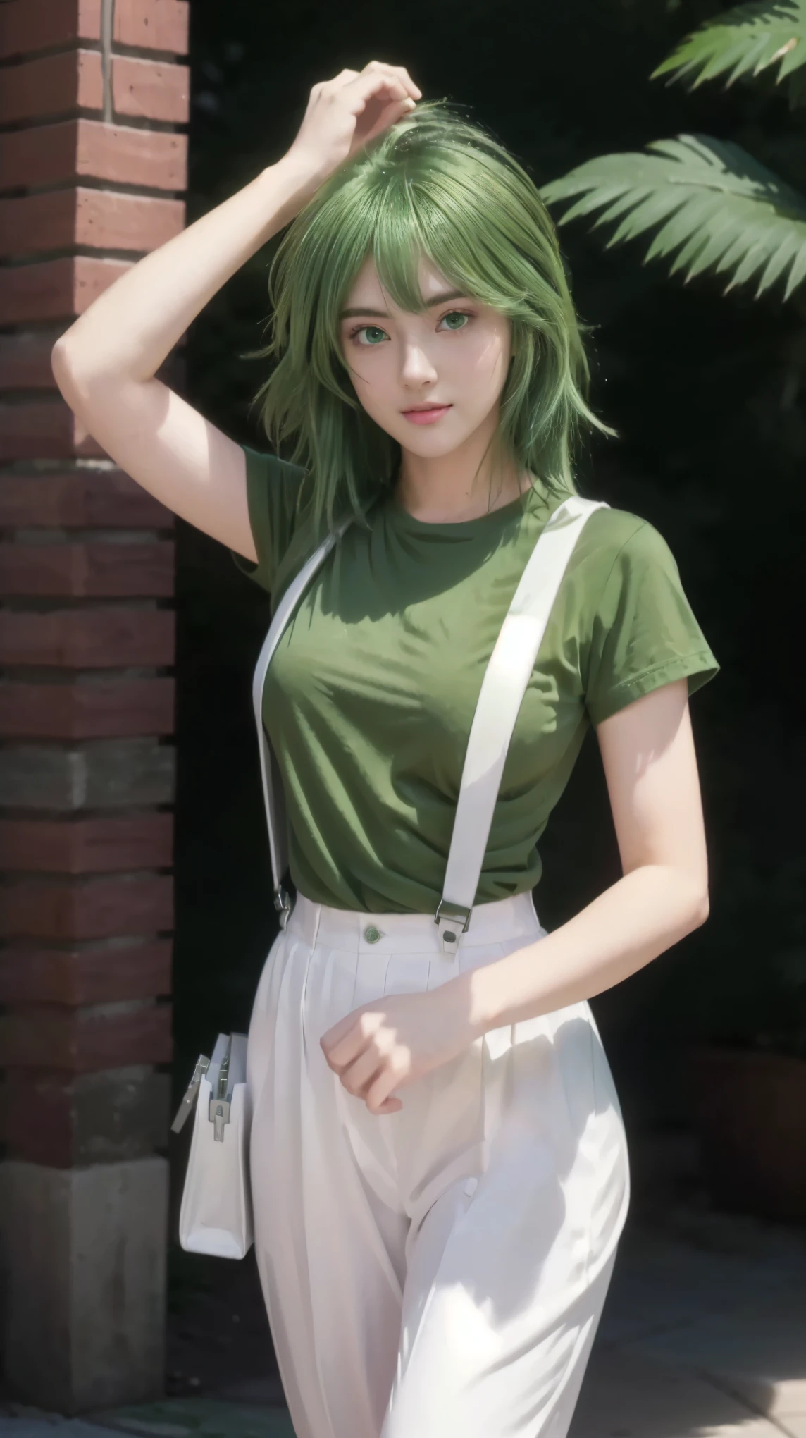 Masterpiece, 8K, Best Quality, Intricate Details, Ultra Details, Ultra High Resolution, (Makeup: 0.4), (Fluffy Green Eyes: 1.21), ((Full Body)), ((Muscles: 1.1)), ((Daytime: 1.3)), Standing, HDR, Ultra Detail, EF 24-70mm f/2.8L II USM, Best Quality, High Quality, 1 Girl, Japanese Girl, Cute, Beautiful, Charming, (Collosal Big Breasts), 20 Years Old, a close up of a person with green hair and a bag, real life, wearing green clothing, as an anime character, green clothes, style realism, cosplay profesional, casual green clothing, green clothing, realism style, green shirt, subtle real style, green hair, short green hair, attractive anime girl, realistic