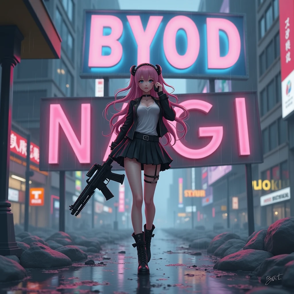 Create a character anime {{background: capital text:“GLBK”, night city}},
tanned skin, realistic, HDR, beautiful, japan style, full body, use piastol, age 20, hoodie HD text: “FANY”, female, long hair, color hair: gradient pink-blue