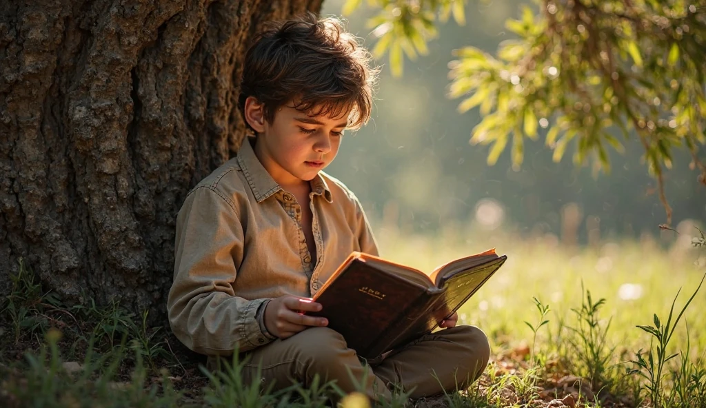 In cinematic real story "
Determined Student: A close-up of the boy, Arjun, reading a book with intense focus under the tree, surrounded by nature"