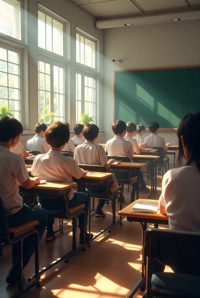 Many elementary school students study on their own in the classroom,Back Shadow,Look ahead from the back of the classroom,The back of the child,A tranquil,Spacious and bright classrooms,Fill the classroom