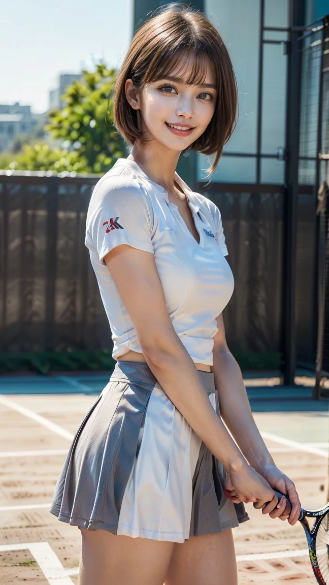 1girl, solo, white polo shirt, white sneakers, tennis wear, white miniskirt, masterpiece, best quality, realistic, hyper-detailed, (shiny skin, sweaty:1.4), absurd, looking at viewer, short black hair, brown eyes, slender, dynamic lighting, high resolution, sharp focus, depth of field, detailed eyes, sharp pupils, realistic pupils, (small ???????:1.6), (thick thighs:1.0), outdoor, sky