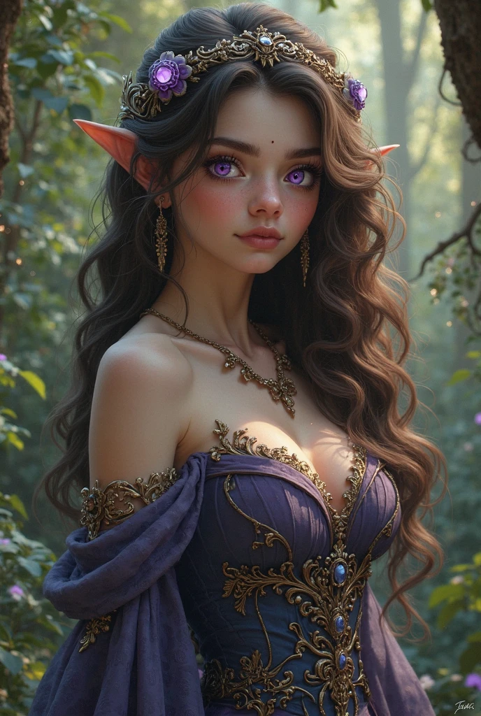 Pixar image, an old fairy , long blue dress, dark hair and eyes, 