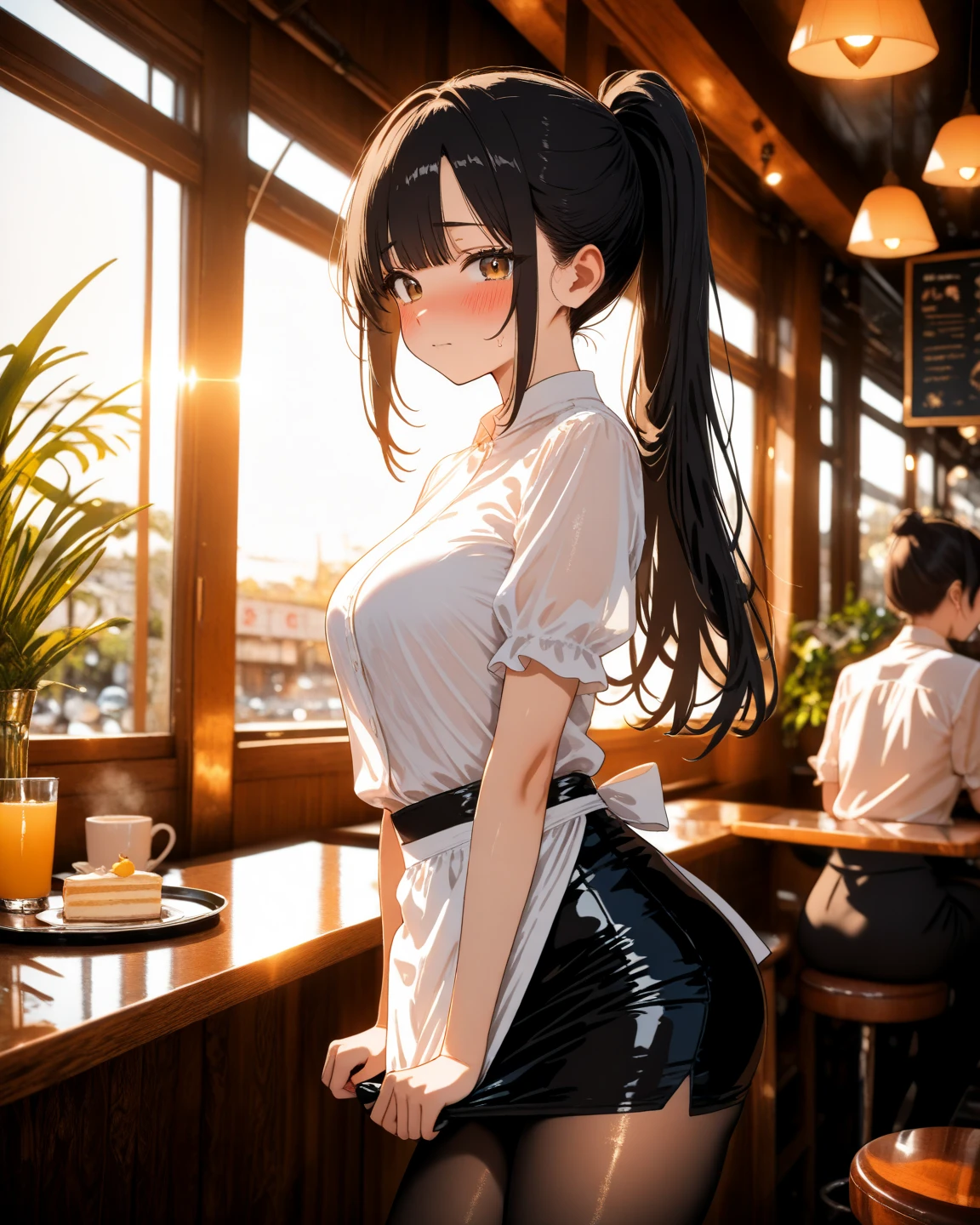 Big Ass、Sweaty ass、One Woman、Many people々、Beauty、Cafeの制服、Cafe店員、Large number of guests、Cafeテリア、Short skirt、Cafe、Age 25、Looking down at the viewer, ponytail, Highest quality, Focus on the thighs, smile,panties、Plump thighs、Big Ass、Big 、 Black Hair,My thighs are steaming between my legs 、Sweaty Pantyhose、パンストの下のpanties、Angle from directly below、Entice guests、Spread your legs、Acme convulsions、Obscene sound effects、Naughty sound effects、男は真下からpantiesを覗く、Facesitting