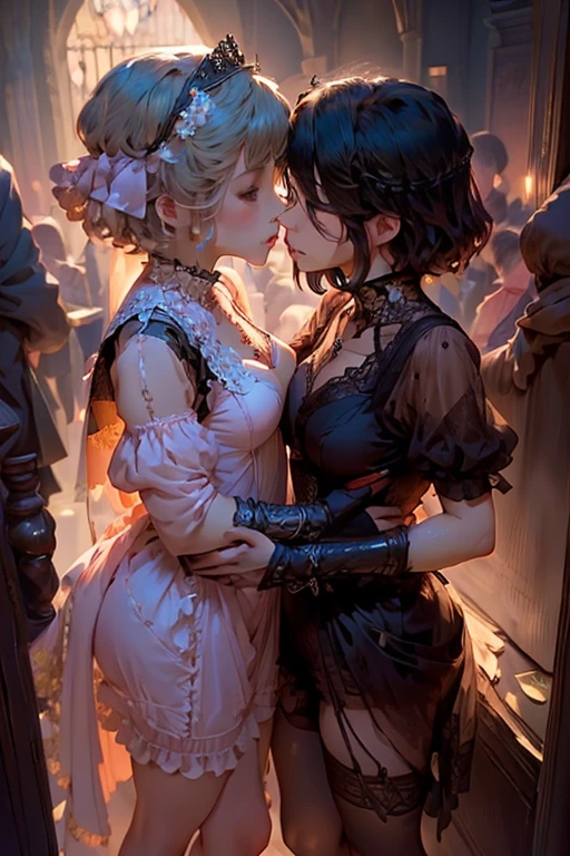 ((Highest quality))、((masterpiece))、(detailed)、((Anatomically correct))、(High resolution、8k)、Two Women、(kiss:1.3)、Two people looking at each other、cowboy shot、 (Beautiful Eyes:1.2)、Gothic Dress、Perfect lighting、