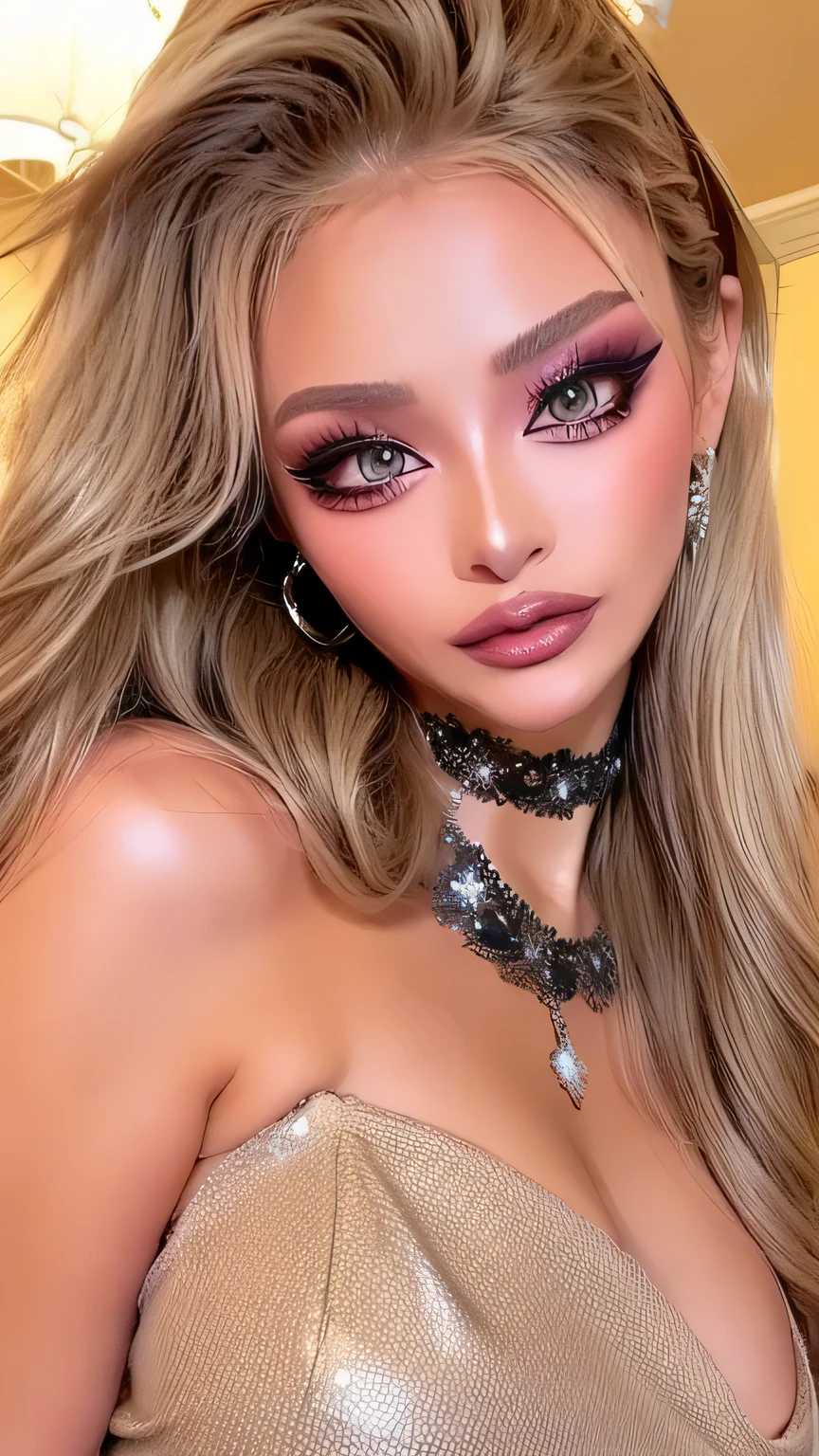 ( cowboy shooting、    top quality、8k、    Award-Winning Works    、    Ultra High Resolution)、    beautiful woman、(     black sweater     ,  sexy cleavage :1.1)、big breasts that seem to break、( blonde alone    :1.1)、  Perfect nice buddy with torn sleeves  、  soft, Thin, Beautiful Lips    、Perfect Gal Makeup、  Shine Glitter Lip Gloss、Metallic Lip、METALLIC LIQUID LIP COLOR,metallic lips,big thick lips,x  ornament ,  ornament , duck face, Duck mouth、Focus on the lips, metallic pink brown lips、Bright Shiny Lipstick  、(  heavy makeup for women   :1.2)、(       Dark Brown Around Your Eyes Is Beige       :1.1)、       beautiful bright eyeshadow       、     Dark Makeup Around Eyes     、(Big Breasts:1.2)、    super long wave hair    、(Romantic affection:1.1)、     best smile when he sees me     、(    Many people accentuate their body line  ..:1.1)、( strongly blurry、       A lot of people stand out for their clear images  。:1.1)、(   The image is clear  、   jacket    :1.1)、    accurate anatomy、    ultra hd hair on bed、(    ultra high resolution perfect beautiful teeth:1.1)、ultra high definition beautiful face  、    ultra hd hair on bed、  crystal clear bang 、Ultra HD Shining Eyes、Shining ultra high resolution beautiful skin、    Ultra High Resolutionの艶やかな唇、    Harry Winston Necklace    