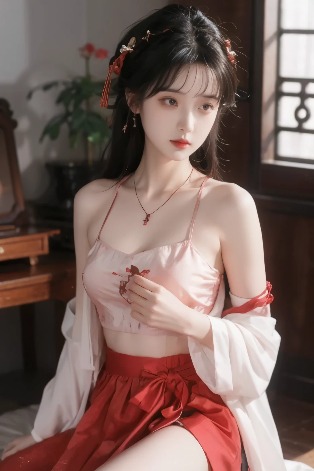 is the best quality, masterpiece, High Aims, 1 girl, Beautiful red Hanfu, Hair ornaments, necklace, ornament, pretty face, When the body, Tyndell effect, Realistic portrait, Dark Studio, Edge lighting, Bicolor Light , (very delicate skin:1.2), 8,000 uhd, DSLR, Soft Light, High quality, Volumetric Lighting, Honest, photo, high resolution, 4K, 8,000, Bokeh, dark hair,PINK HAIR TIPS, pink eyes.1 girl, skirt, Hair accessories , red skirt, alone, Chinese clothing , long hair, Sitting, now l polish {x} bare shoulders, window, brown hair, OK, interior, dark hair,