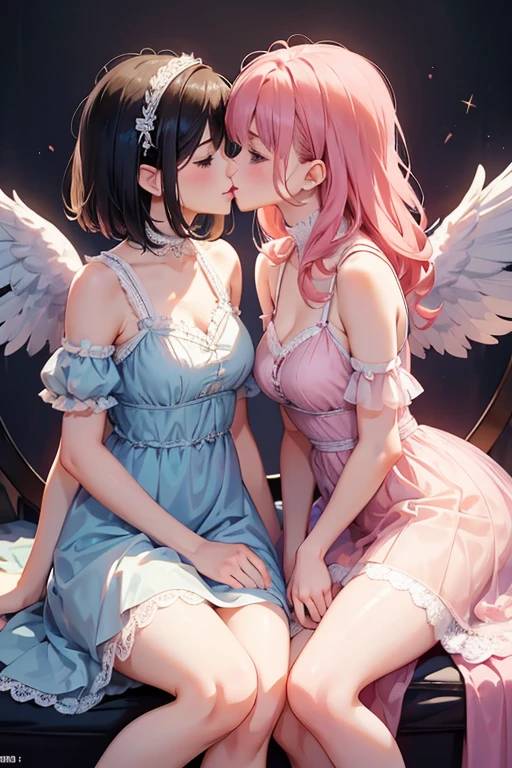Highest quality,Highest Resolution,(((A beautiful girl with blue eyes, black hair and white angel wings on her back in a maid leotard)))and(((A beautiful girl with red eyes, purple hair, and black angel wings on her back in a gothic lolita leotard)))They are having sex while kissing in the sitting position,saliva,(((Halo))),smile,Frills,Knee-high stockings,A distant view,