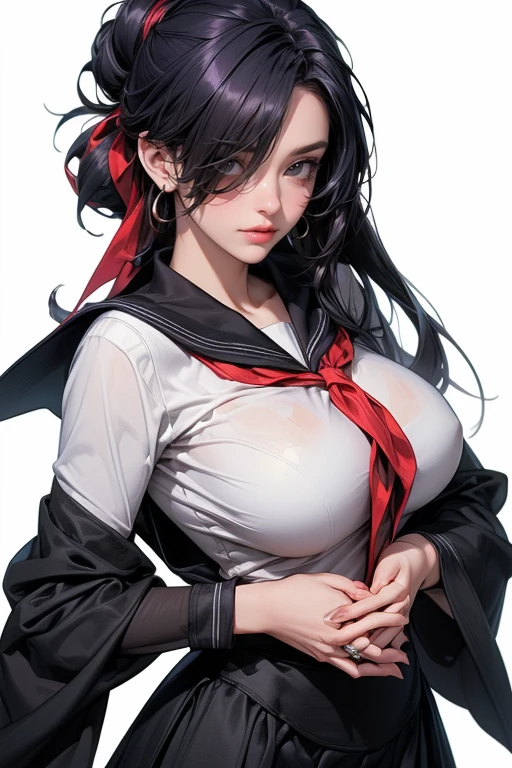 (masterpiece:1.2, best quality1:1, ultra-detailed:1.2, best shadow, 8k:1.1), (contrasting background, plain white background), (beautiful detailed face), high contrast, (perfect illumination:1.2, beautiful color, delicate color), ((cinematic light)), colorful, hyper detail, dramatic light, intricate details, (1 girl, solo, black hair, sharp face, messy long hair:1.2, wavy hair:1.1, purple eyes, glowing eyes, dynamic angle, highschool outfit, schoolgirl, upper body:1.2), (eye focus:0.9), (beautiful eyes), (purple theme), (center focus:1.2), depth of field, dark purple particles, (purple aura), makeup, red lipstick, red eyeshadow, hyperdetail makeup, hyperdetail lipstick, hyperdetail eyeshadow, 1 mole near cleavage