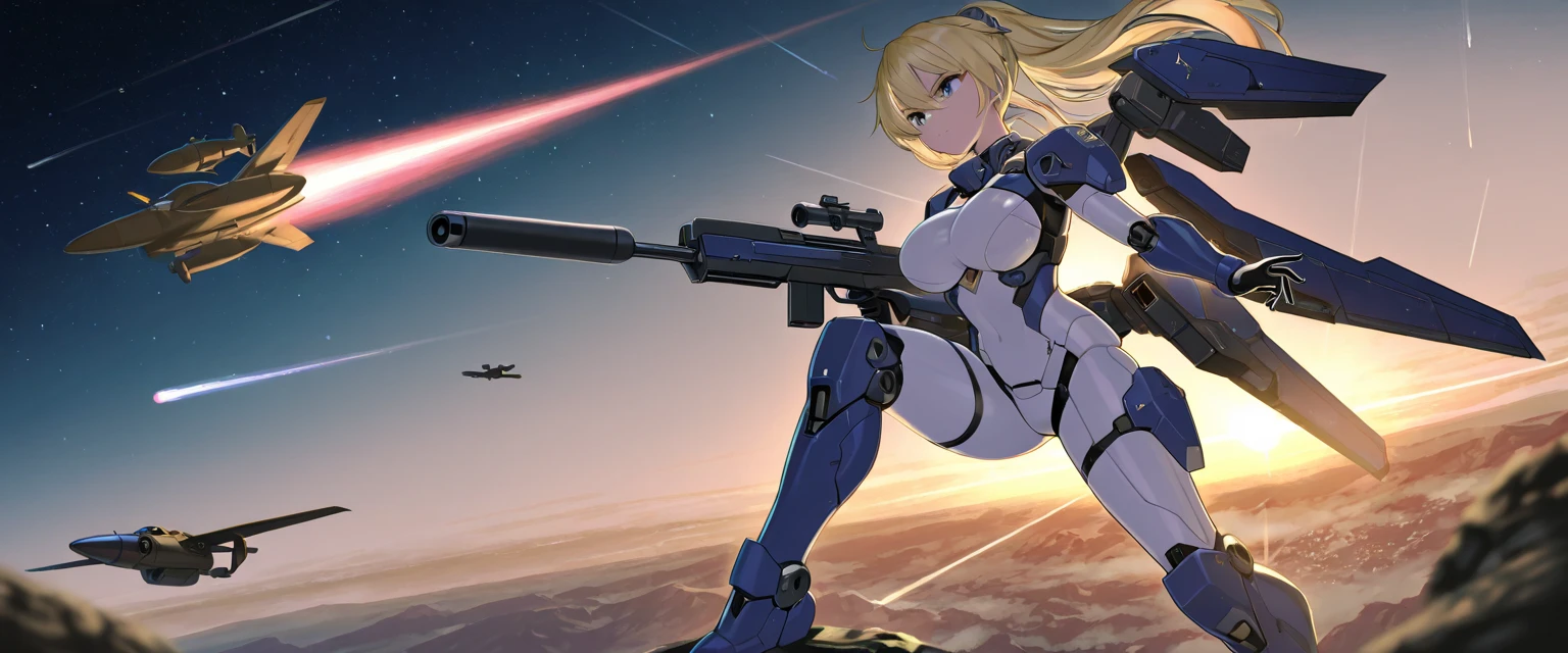 **Prompt1** Equipped with a huge beam rifle々And the stance、Wearing full silver armor, surrounded by stars、A full-body shot of a serious and powerful pose、A masterpiece of a mechanical girl depicted at dynamic angles with absurd details。Armor suit with white mechanical wings on the back。 **Prompt2** Night rooftop background、A skyscraper stands in the midst of a burning city、Holding a huge beam rifle、A side shot of a serious and powerful mecha girl with speed lines。 **Prompt 3** Short hair and long pointy ears、blue eyes、With sharp teeth and fangs、Blonde center-parted bangs、Thick eyebrows、Wear a flat chest、Profile of a crouching mechanical girl holding a giant beam rifle、Starry night sky background、Aiming for something far away。 **Prompt 4** The skyscrapers burn brightly、Night rooftop background燃え上がる都市の風景。Surrounded by the chaos of a burning city、Holding a huge beam rifleた機械少女が全身ショットで真剣かつ力強い表情で立っている。