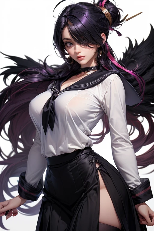 score_9、score_8_up、score_7_up、Goth Girl、Goth Girl 1 person、1 person、solo、Long Hair、Big Breasts、Staring at the audience、Gray Hair、Black Lips、jewelry、Earrings、abdomen、necklace、Hair in one eye、black eye、Grey Eyes、Tattoo、make、cross、、Gothic、Big Butt、Black low waist leather jeans、Black high waist thong、Black long boots、(White short top、) Underbust、Are standing、Hands on head、Low - Angle、