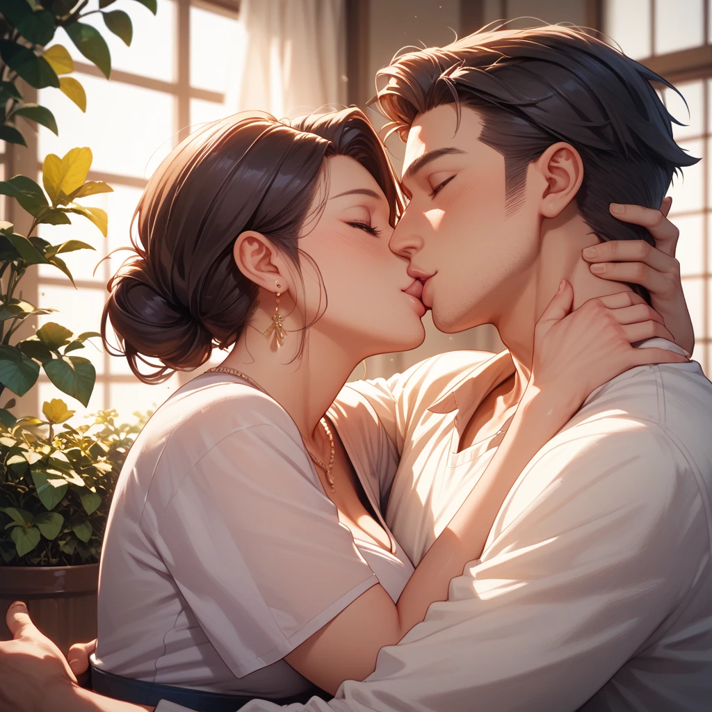 Amazing portait of a hot next door neighbour with her hair tied in a messy bun wearing an off shoulder checked olive green shirt that is unbuttoned and oversized kissing and making out passionately with her male neighbour on her bed in an intimate setting