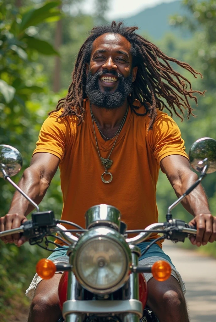 Dirty hippie man with dreadlocks and sun-beaten skin on his bike happy and smoking a cigarette