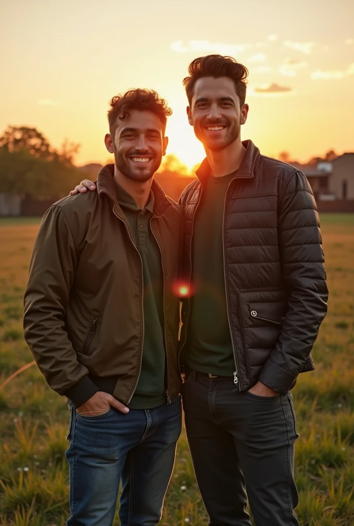 Two lumberjack-style men, burly, plaid shirt and battered jeans, safari boots, passionately. Posing for the camera, looking at the camera hugging behind, smiling, at sunset on a rustic wooden balcony.