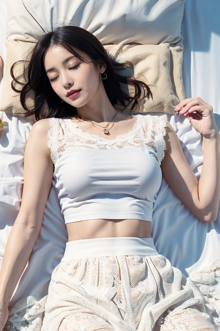 16k ultra-fine CG wallpaper, masterpiece, excellent picture quality, super delicate), (excellent light and shadow, delicate and beautiful), real smooth skin, bright face, 18K close-up perfect display, , cute, girl wearing exquisite sleeveless shirt and long skirt, lying prone on the white big bed, colorful jewel-like eyes, sharp jawline