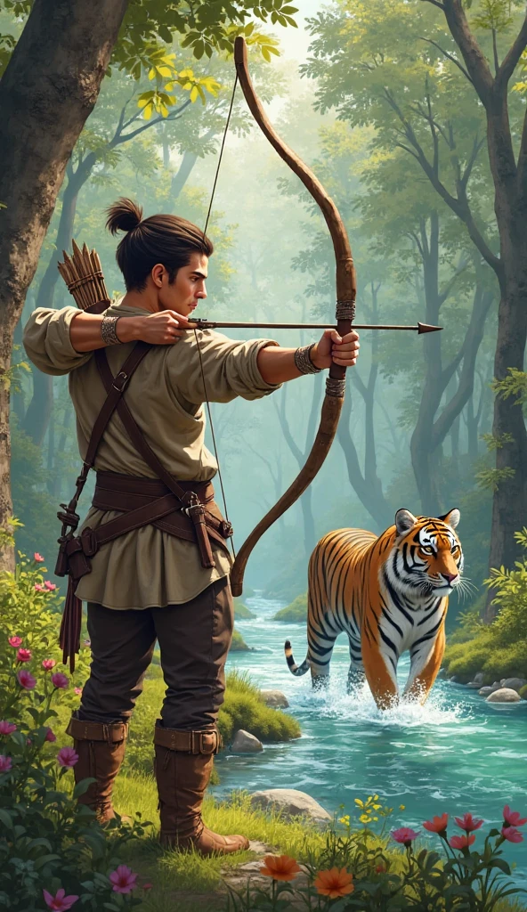 Very handsome Korean guy. He has yellow hair, that reach the ground, And bangs, that falls to the side.. He's shirtless, in brown fur pants and hoof-like shoes. He has a red heart pendant.... He squats in the thick, dark thicket of fern leaves and releases an arrow from his bow.. A kind jaguar next to him..