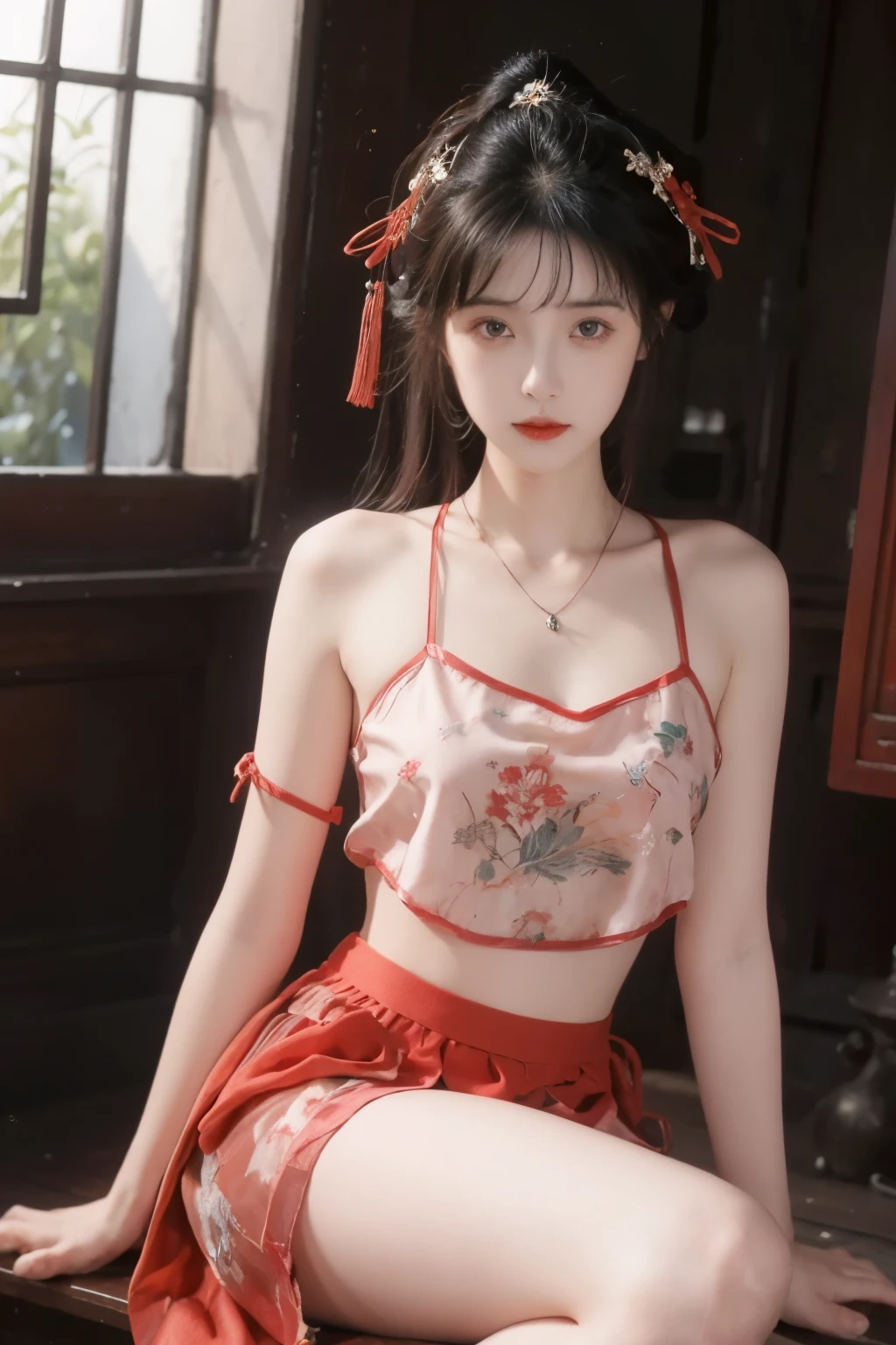 is the best quality, masterpiece, High Aims, 1 girl, Beautiful red Hanfu, Hair ornaments, necklace, ornament, pretty face, When the body, Tyndell effect, Realistic portrait, Dark Studio, Edge lighting, Bicolor Light , (very delicate skin:1.2), 8,000 uhd, DSLR, Soft Light, High quality, Volumetric Lighting, Honest, photo, high resolution, 4K, 8,000, Bokeh, dark hair,PINK HAIR TIPS, pink eyes.1 girl, skirt, Hair accessories , red skirt, alone, Chinese clothing , long hair, Sitting, now l polish {x} bare shoulders, window, brown hair, OK, interior, dark hair,