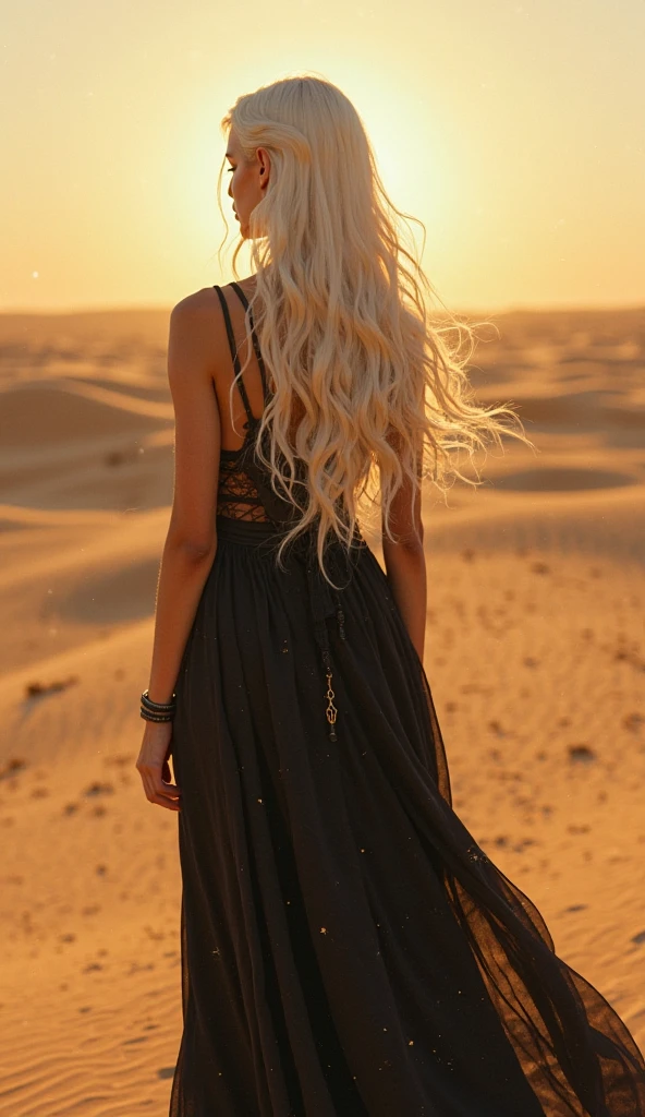 (one European woman), ((long blonde hair)), on top of Sahara sand dune, looking out at view ((from behind)), throwing sand, bbw, curves, (cleavage), ((big curvy breasts)), big sexy ass, bright eyes, red dress, natural skin, 24mm, 4k, soft cinematic light, RAW photo, photorealism, photorealistic, intricate, elegant, highly detailed, sharp focus, ((((cinematic look)))), soothing tones, insane details, intricate details, hyperdetailed, low contrast, soft cinematic light, dim colors, exposure blend, hdr, faded, one female only